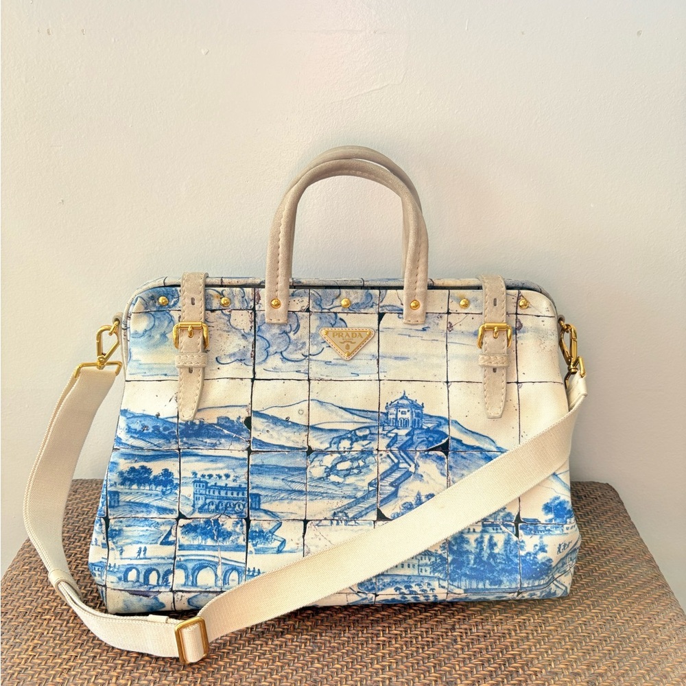 RARE Prada Blue and Cream Canvas Handbag /w Strap & COA